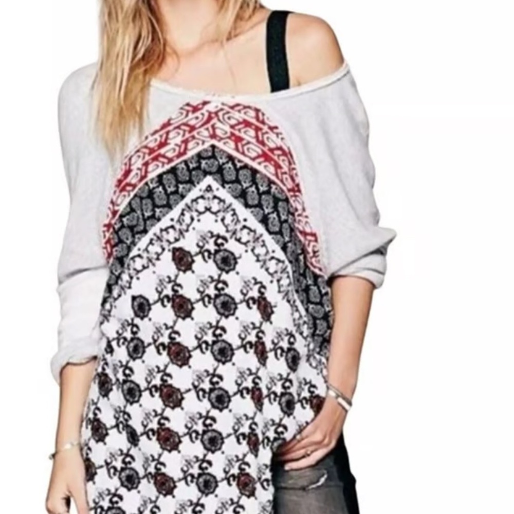 Free People Del Ray Mixed Media Red and Black Patterned Off-Shoulder Sweatshirt